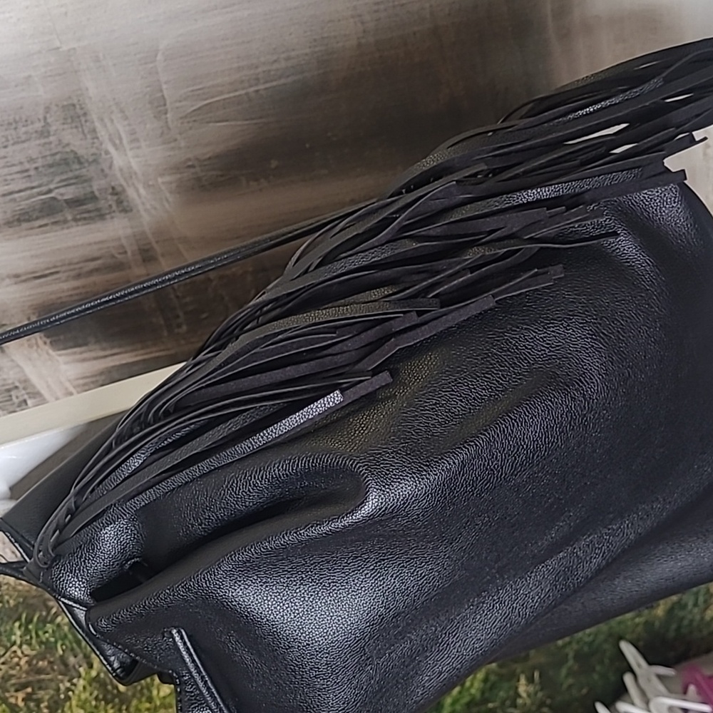 Victoria Secret Black Leather Bucket Backpack Bag with Fringe - Picture 3 of 7